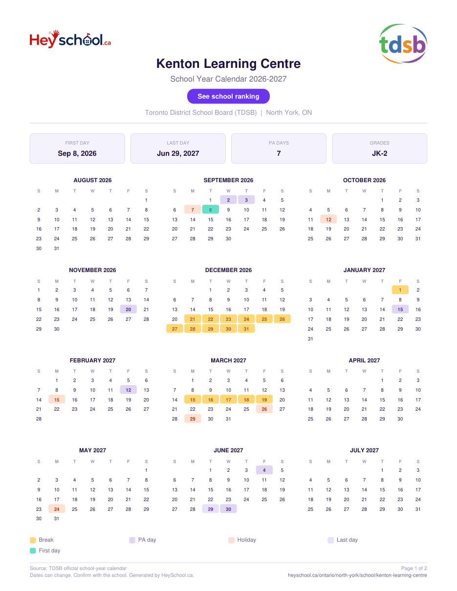 Kenton Learning Centre School Year Calendar 2026-2027