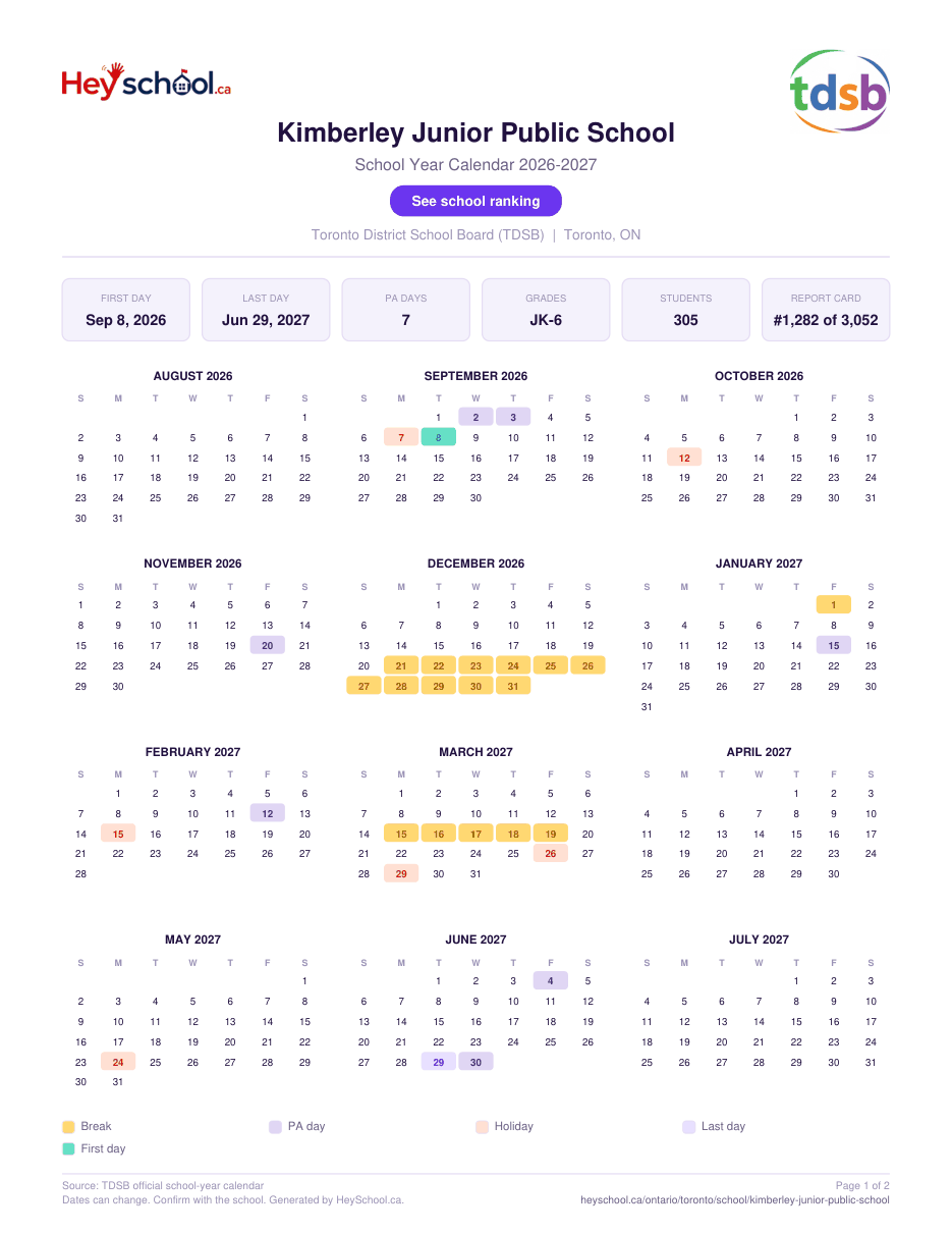 Kimberley Junior Public School School Year Calendar 2026-2027