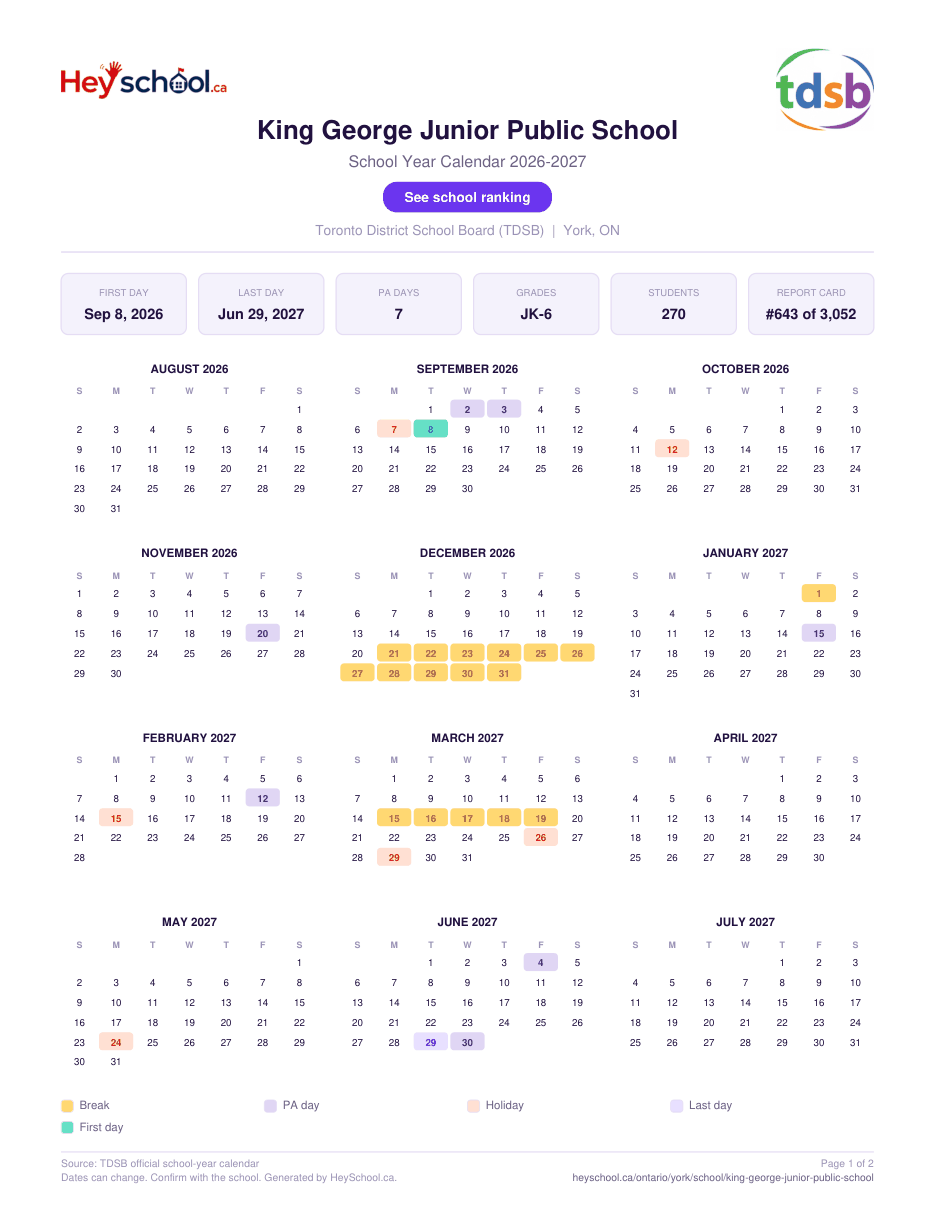 King George Junior Public School School Year Calendar 2026-2027