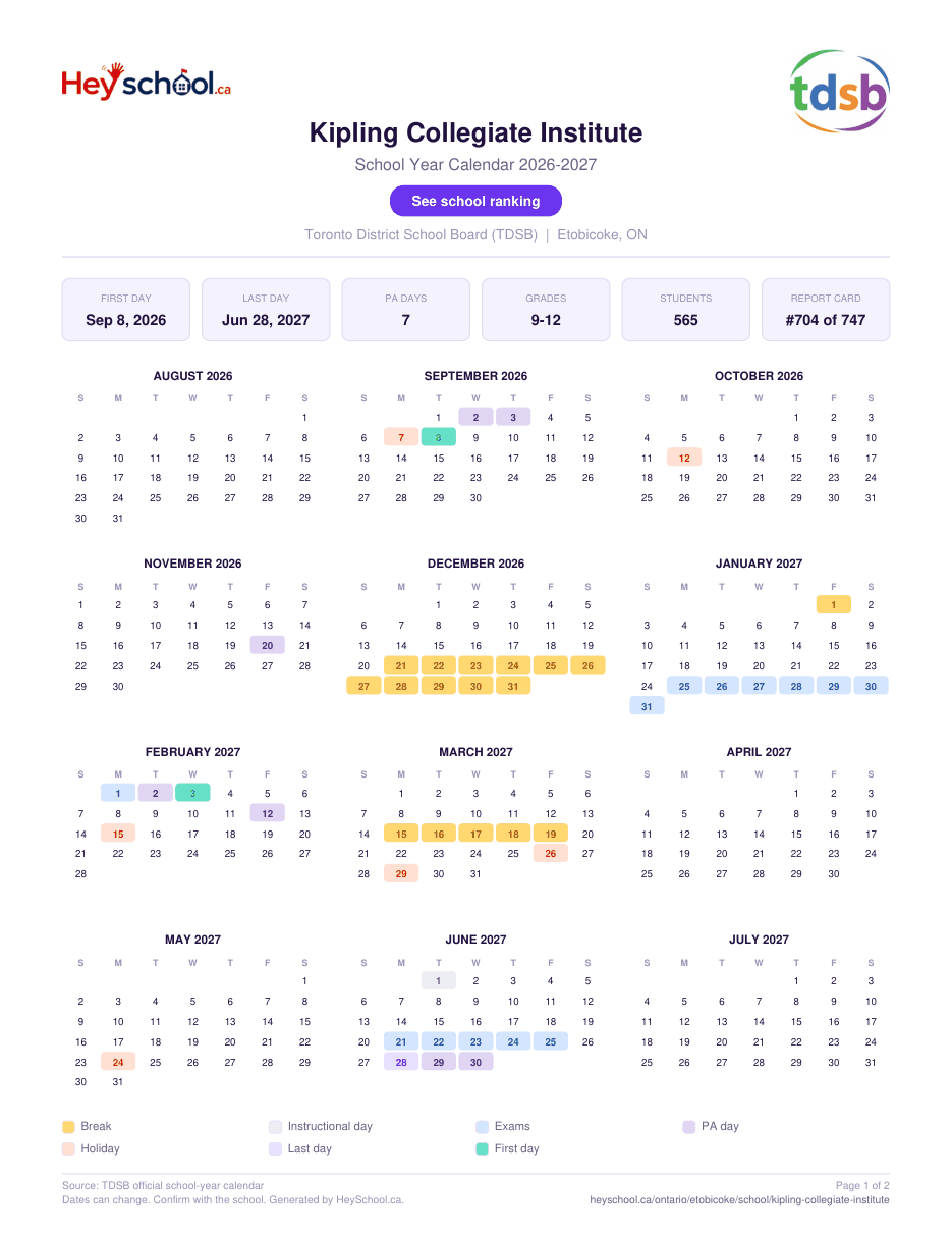 Kipling Collegiate Institute School Year Calendar 2026-2027
