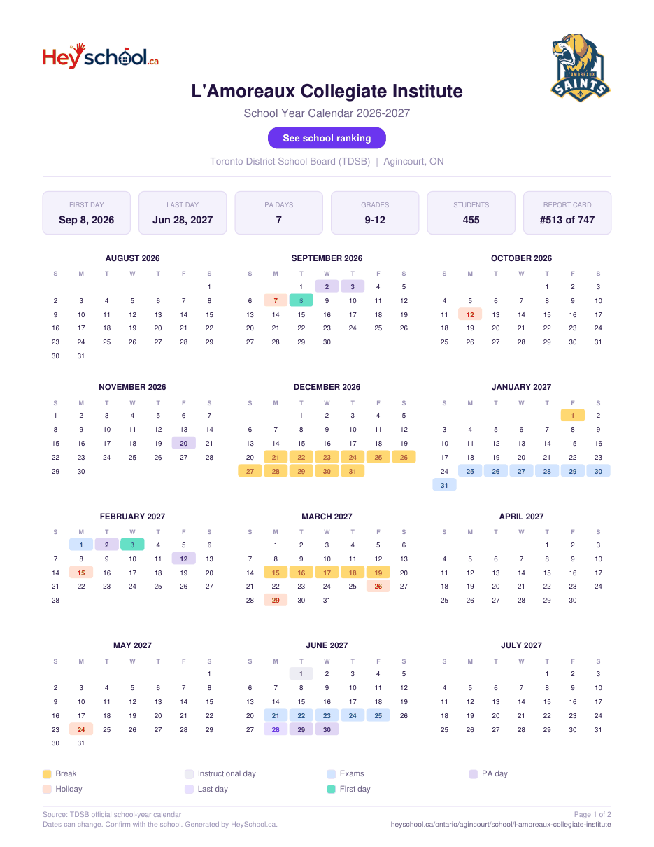 L'Amoreaux Collegiate Institute School Year Calendar 2026-2027