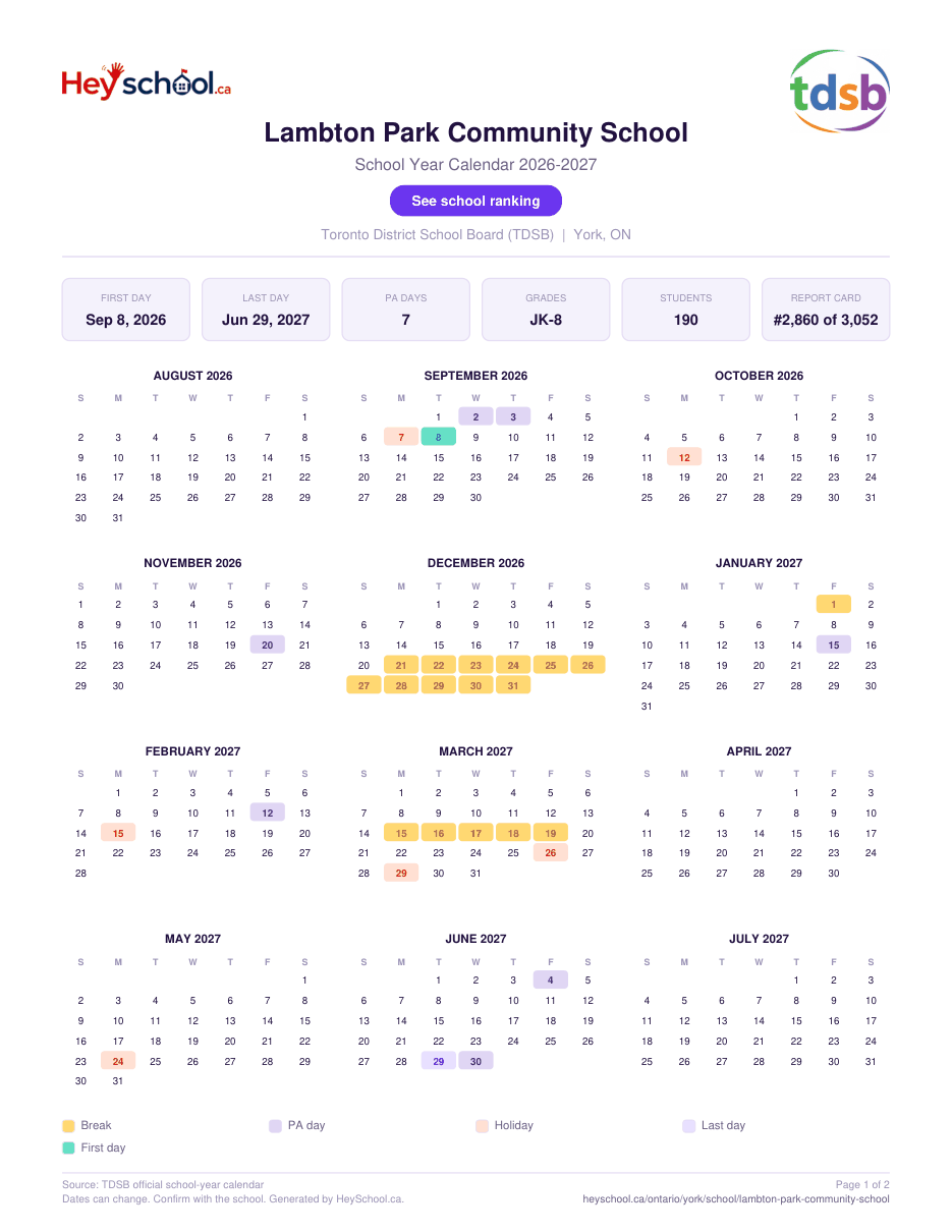Lambton Park Community School School Year Calendar 2026-2027