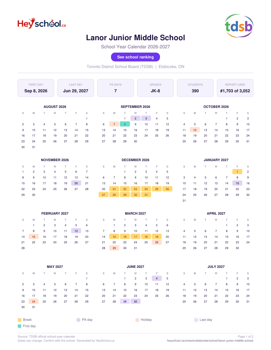 Lanor Junior Middle School School Year Calendar 2026-2027