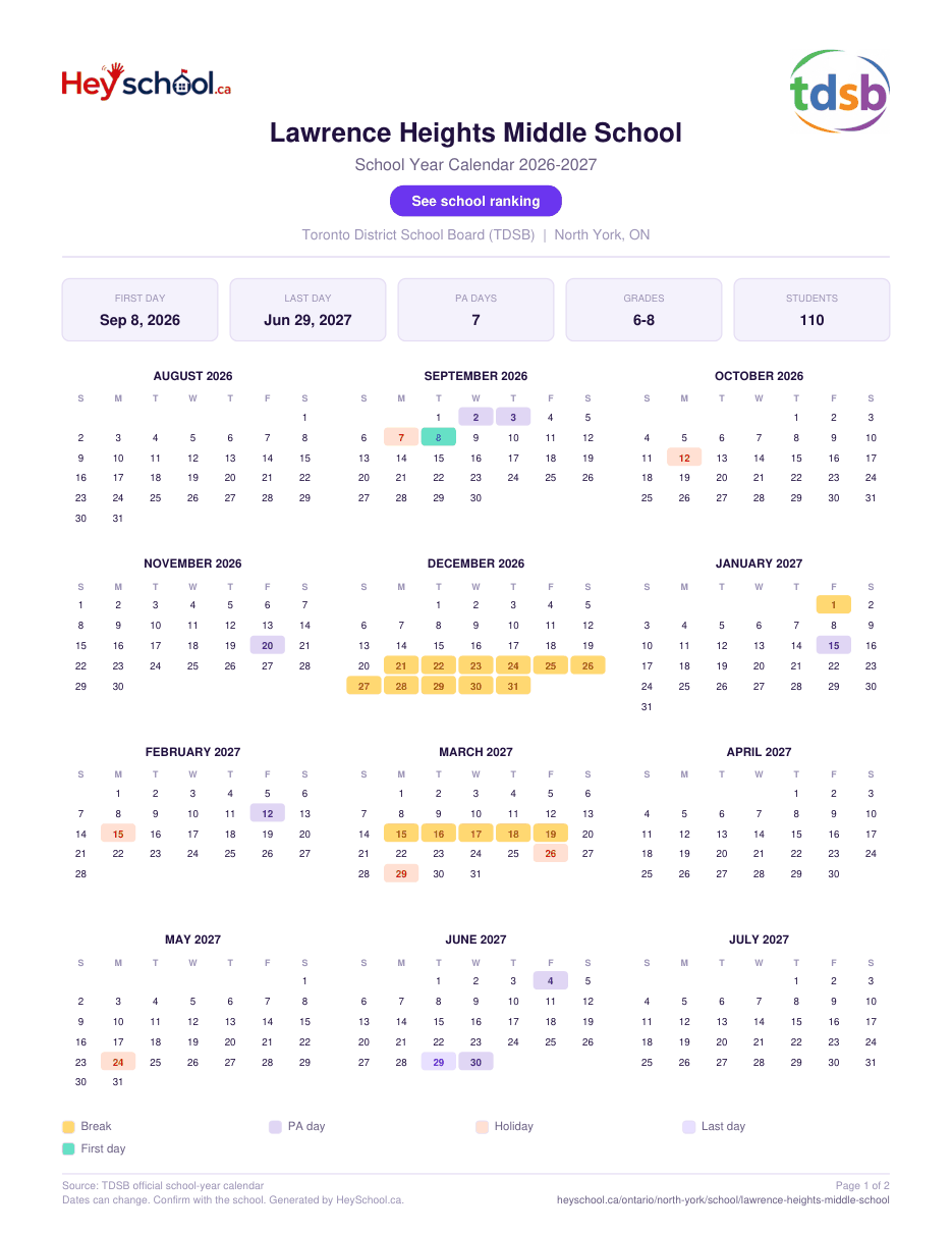 Lawrence Heights Middle School School Year Calendar 2026-2027