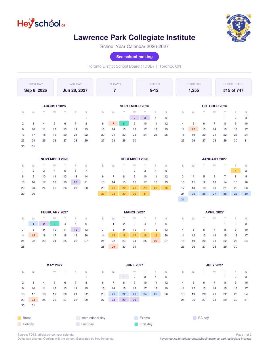Lawrence Park Collegiate Institute School Year Calendar 2026-2027