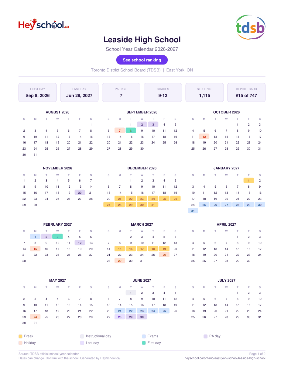 Leaside High School School Year Calendar 2026-2027