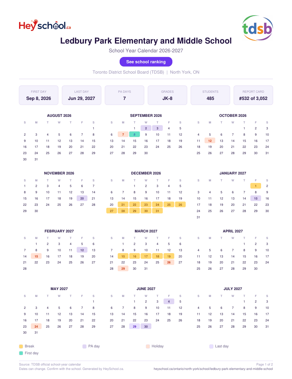 Ledbury Park Elementary and Middle School School Year Calendar 2026-2027