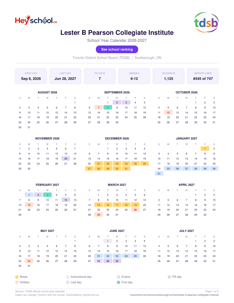 Lester B Pearson Collegiate Institute School Year Calendar 2026-2027