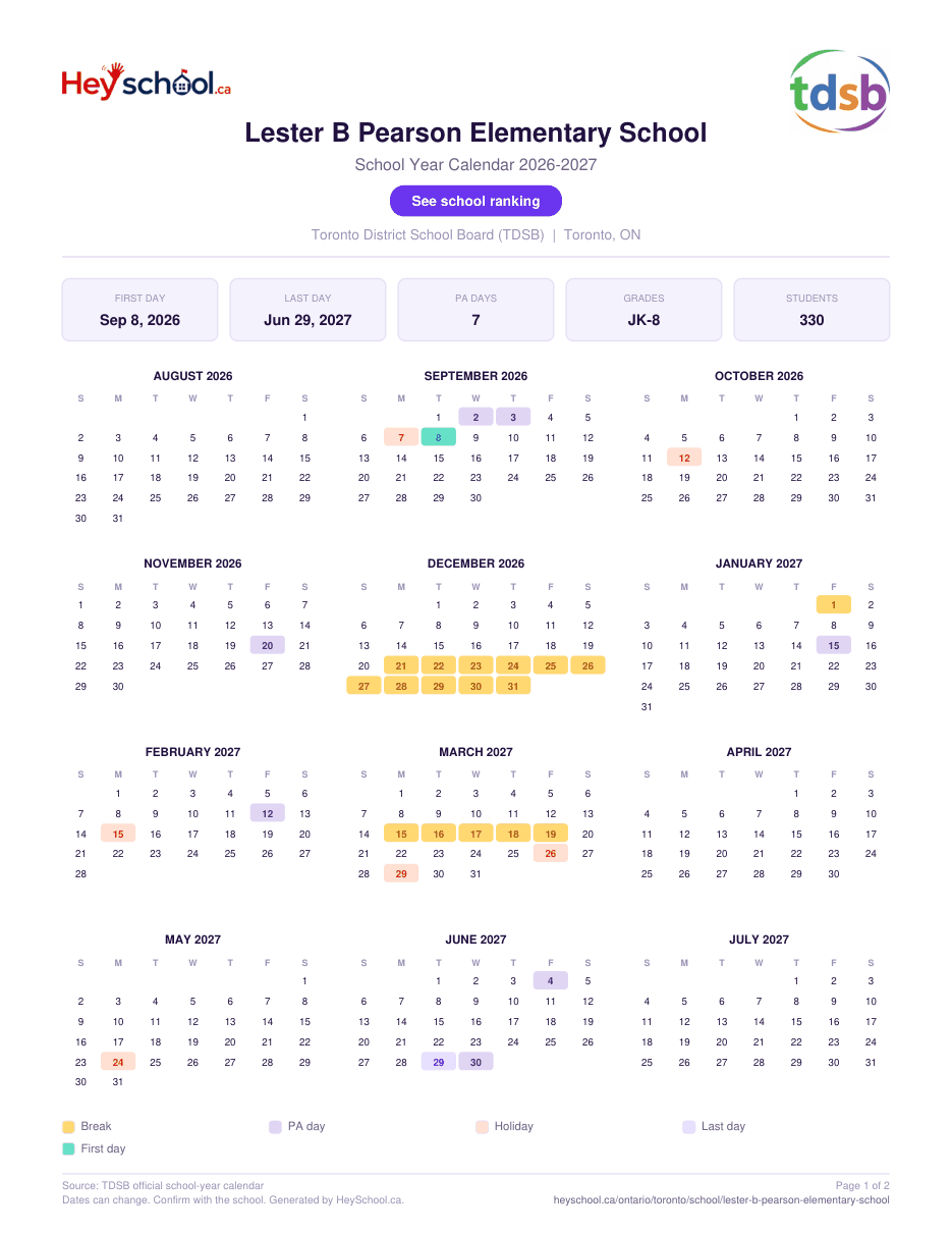 Lester B Pearson Elementary School School Year Calendar 2026-2027