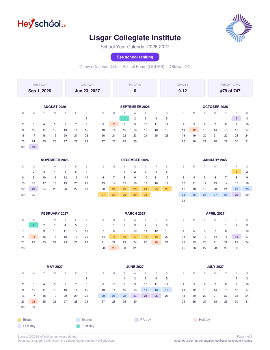 Lisgar Collegiate Institute School Year Calendar 2026-2027