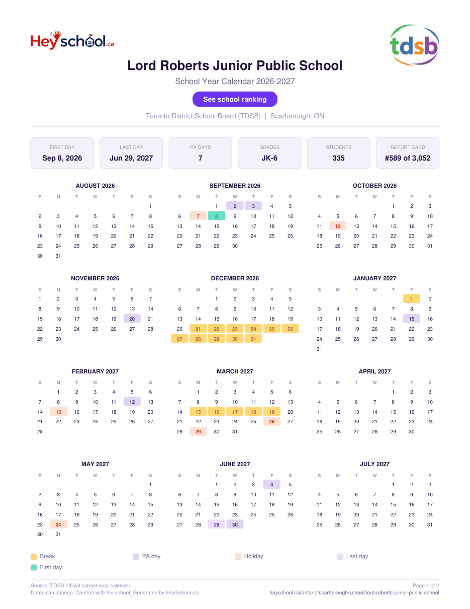 Lord Roberts Junior Public School School Year Calendar 2026-2027