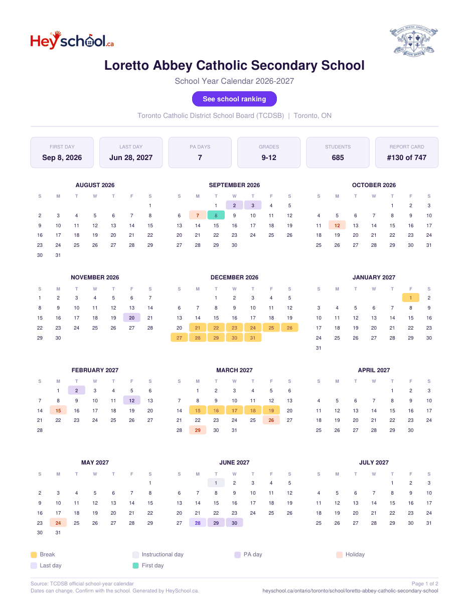 Loretto Abbey Catholic Secondary School School Year Calendar 2026-2027