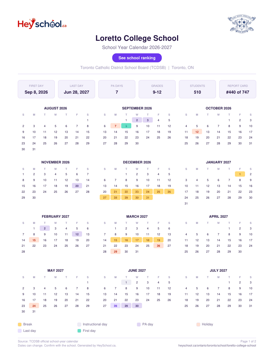 Loretto College School School Year Calendar 2026-2027