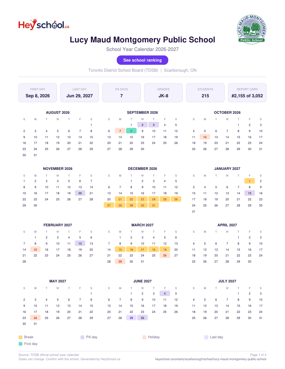 Lucy Maud Montgomery Public School School Year Calendar 2026-2027