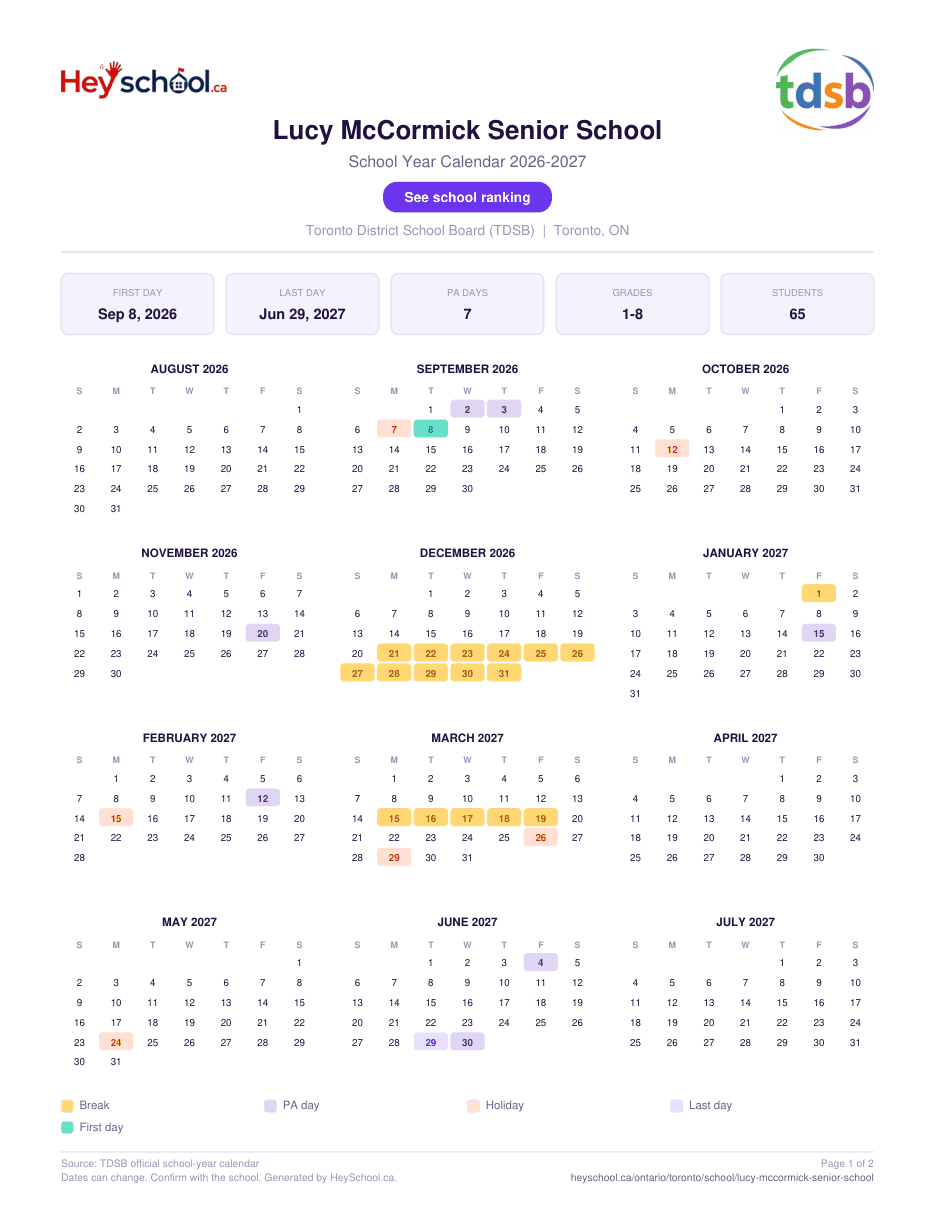 Lucy McCormick Senior School School Year Calendar 2026-2027