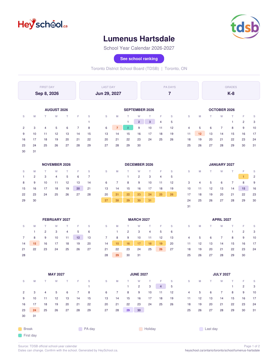 Lumenus Hartsdale School Year Calendar 2026-2027