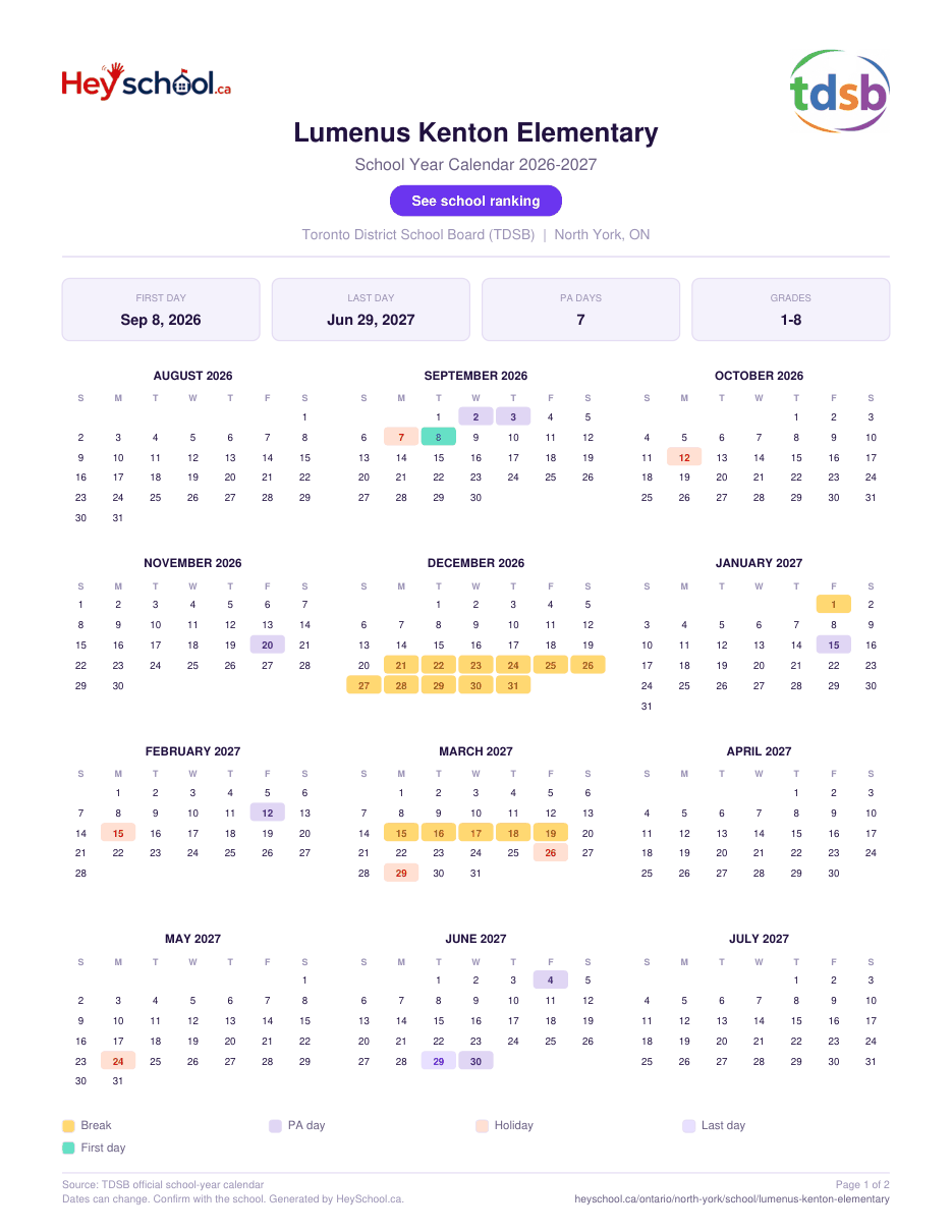 Lumenus Kenton Elementary School Year Calendar 2026-2027