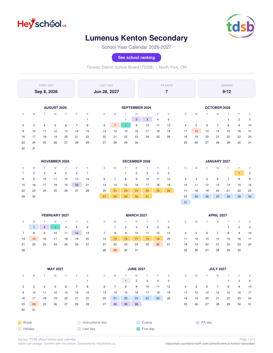 Lumenus Kenton Secondary School Year Calendar 2026-2027