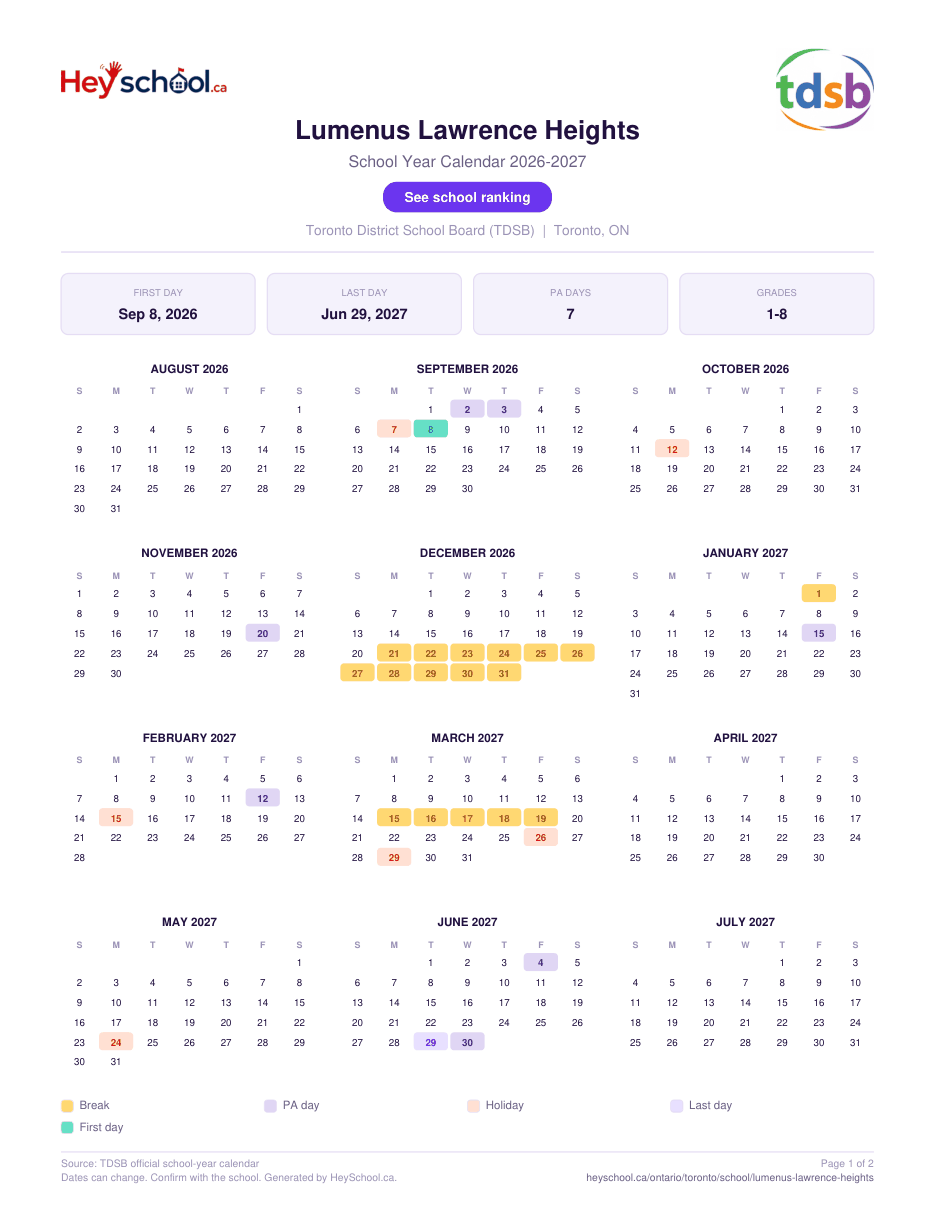 Lumenus Lawrence Heights School Year Calendar 2026-2027
