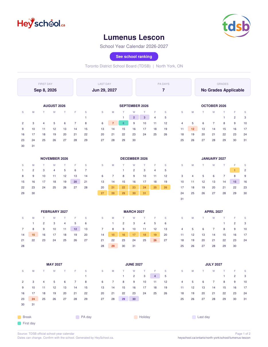Lumenus Lescon School Year Calendar 2026-2027