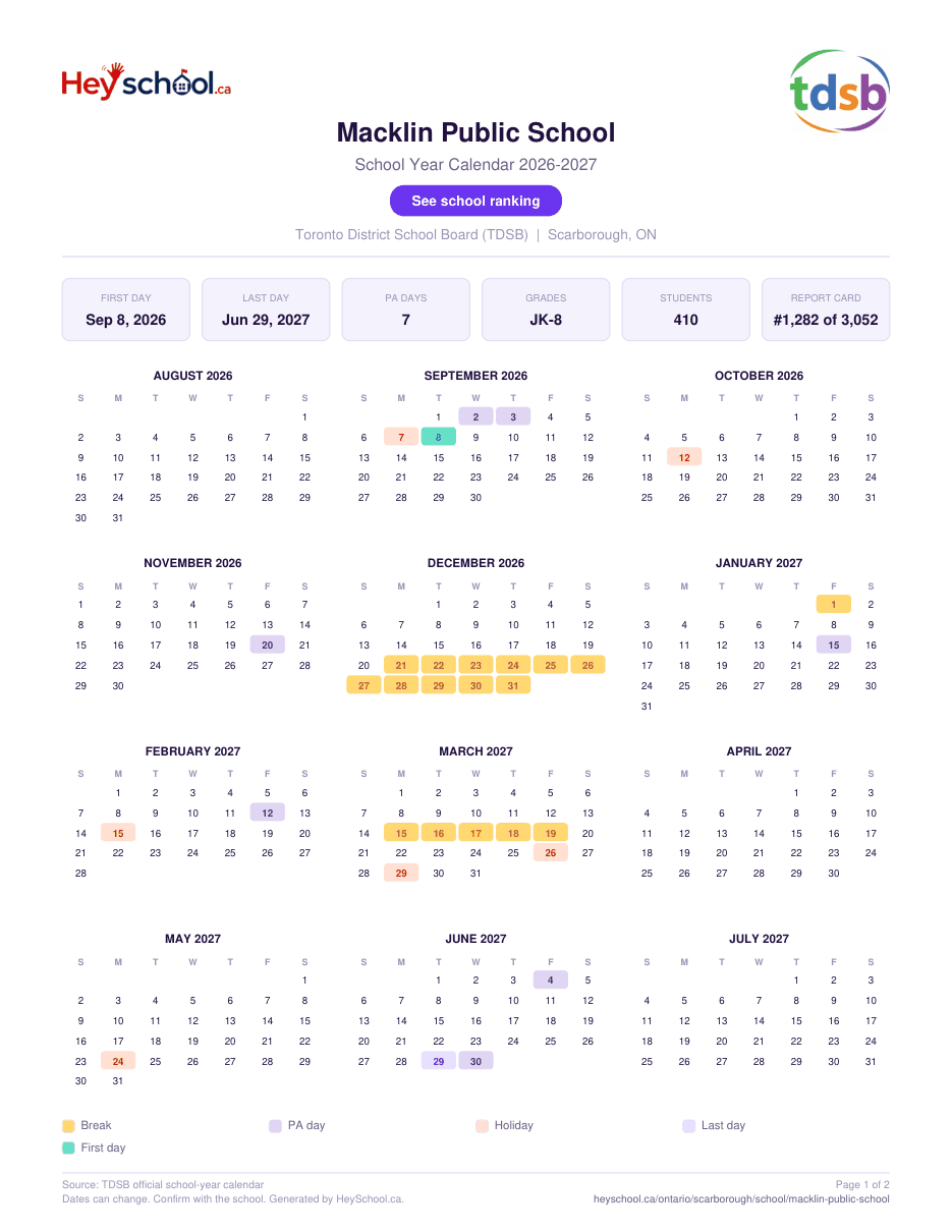 Macklin Public School School Year Calendar 2026-2027