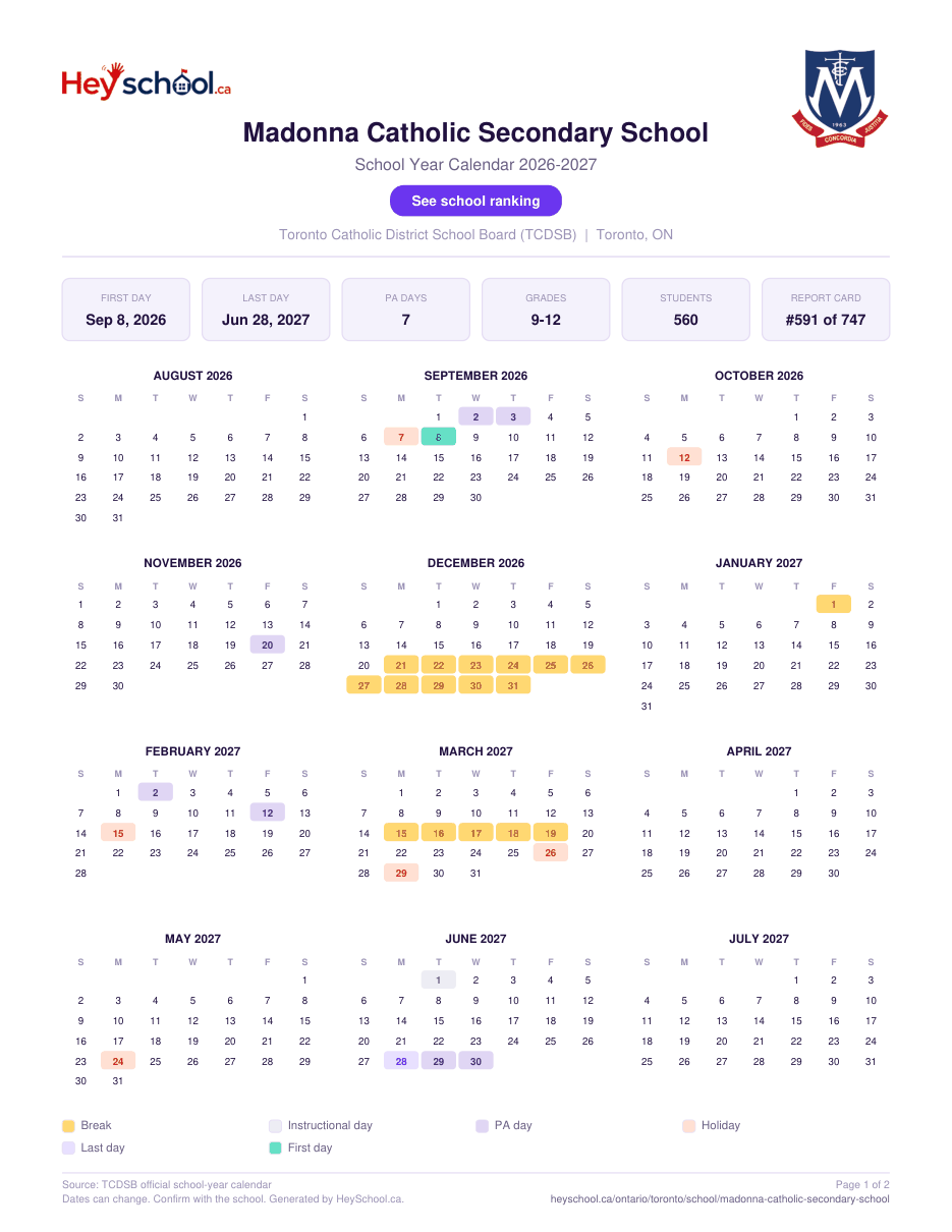 Madonna Catholic Secondary School School Year Calendar 2026-2027