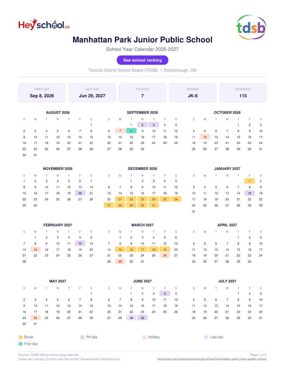 Manhattan Park Junior Public School School Year Calendar 2026-2027