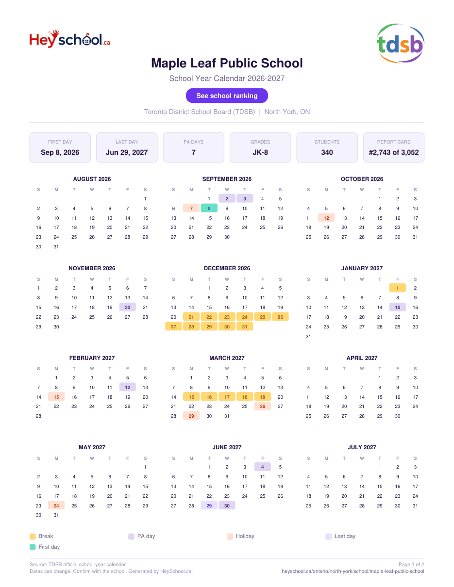 Maple Leaf Public School School Year Calendar 2026-2027