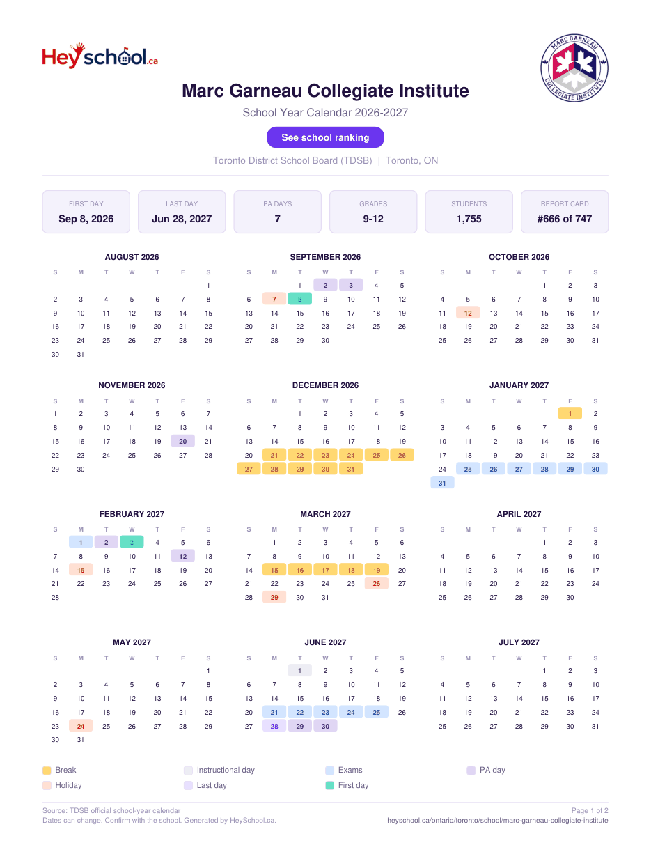 Marc Garneau Collegiate Institute School Year Calendar 2026-2027