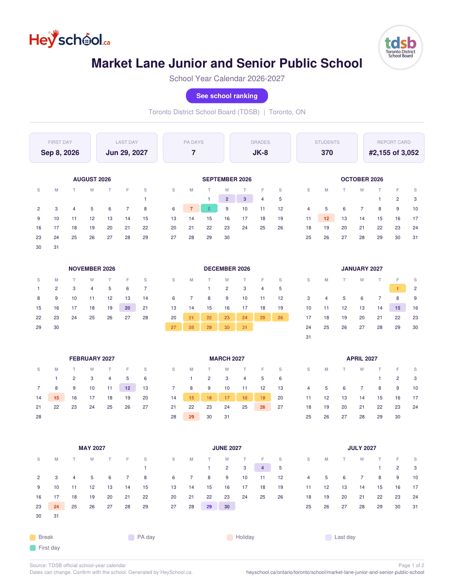 Market Lane Junior and Senior Public School School Year Calendar 2026-2027