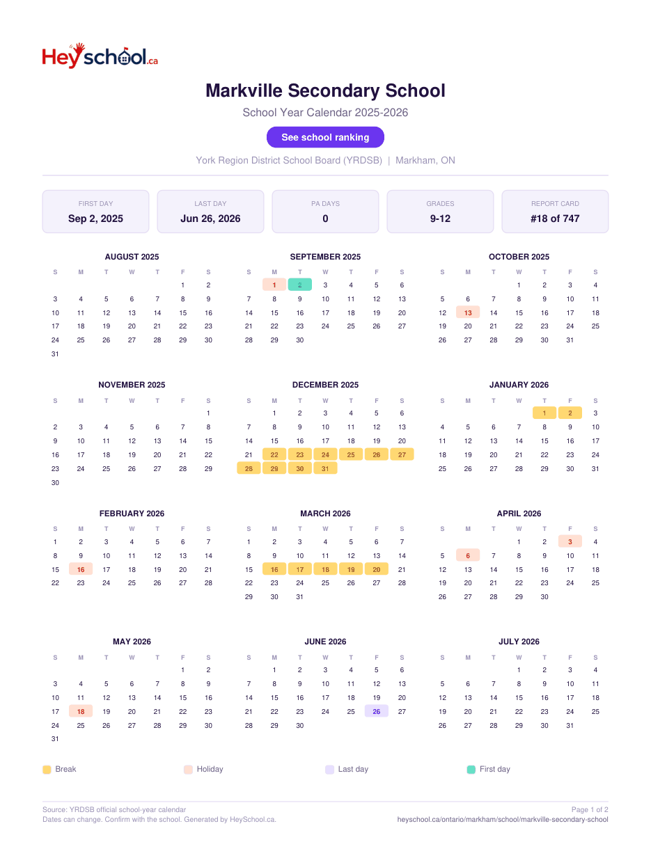 Markville Secondary School School Year Calendar 2025-2026