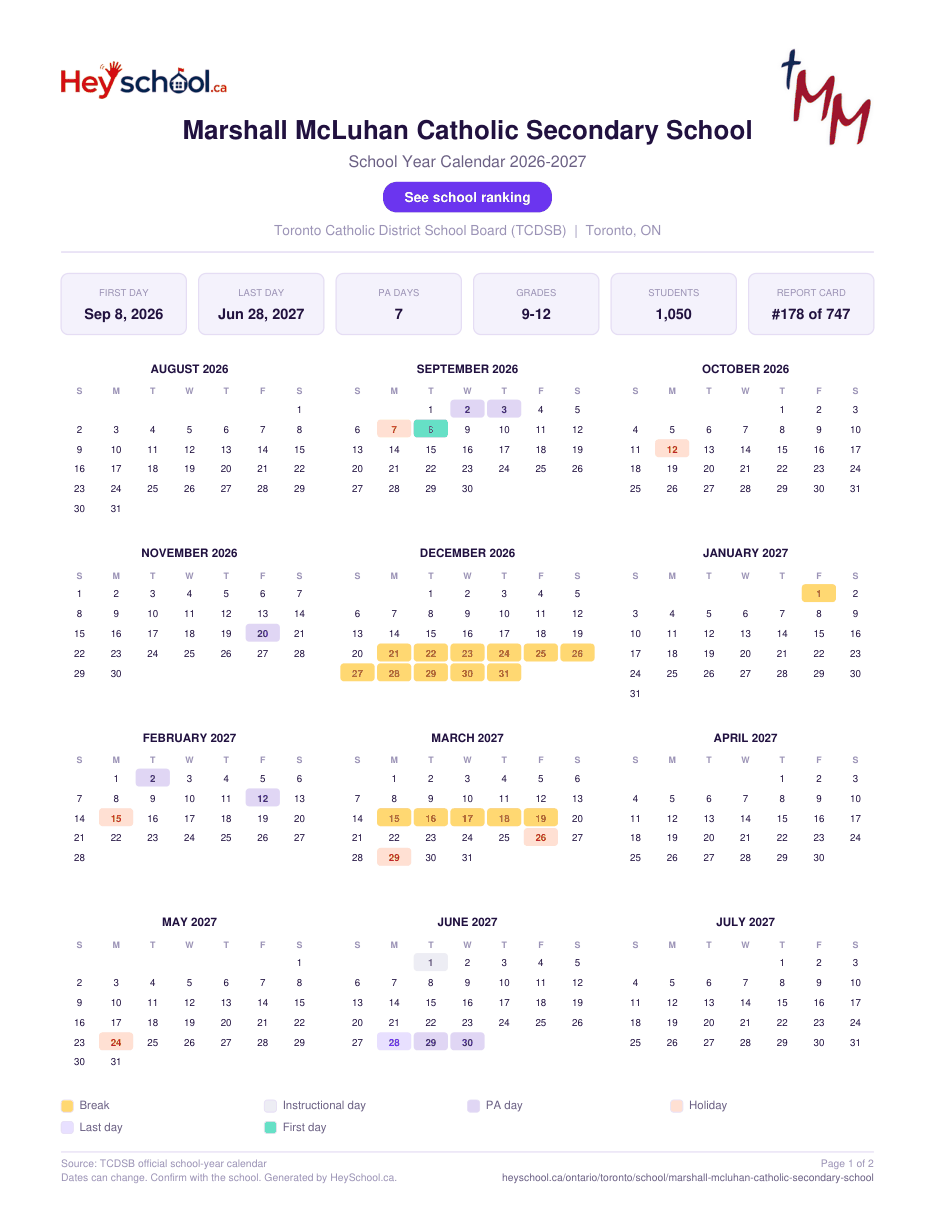 Marshall McLuhan Catholic Secondary School School Year Calendar 2026-2027