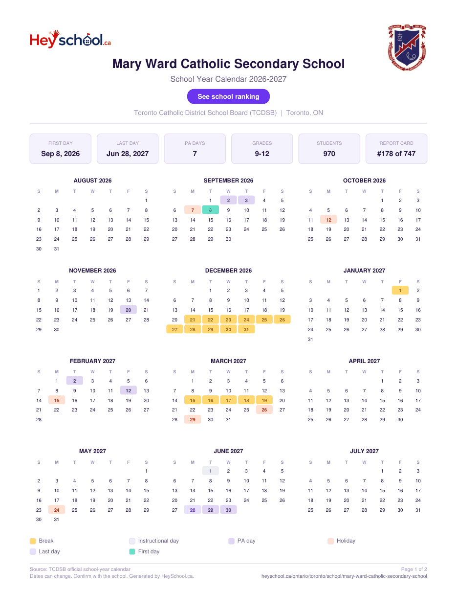 Mary Ward Catholic Secondary School School Year Calendar 2026-2027