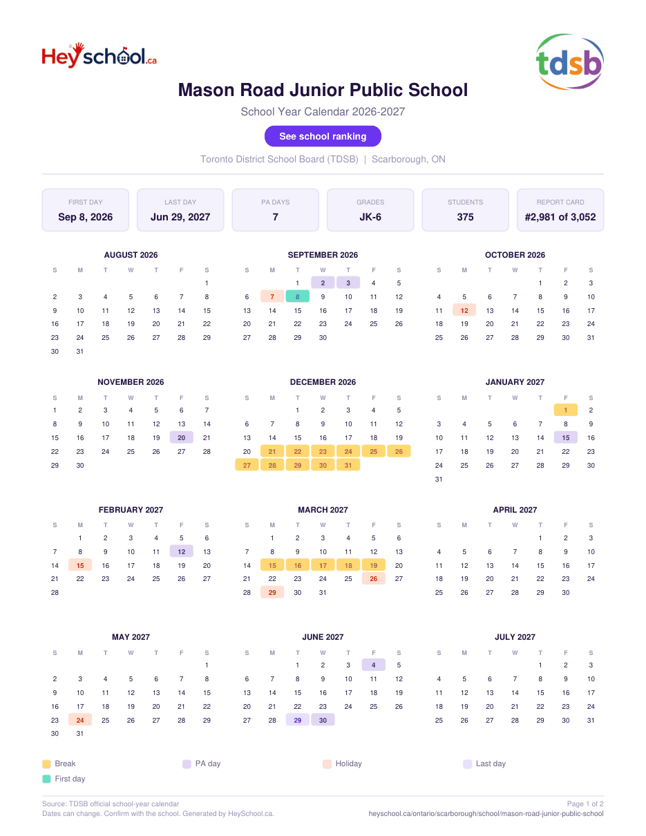 Mason Road Junior Public School School Year Calendar 2026-2027