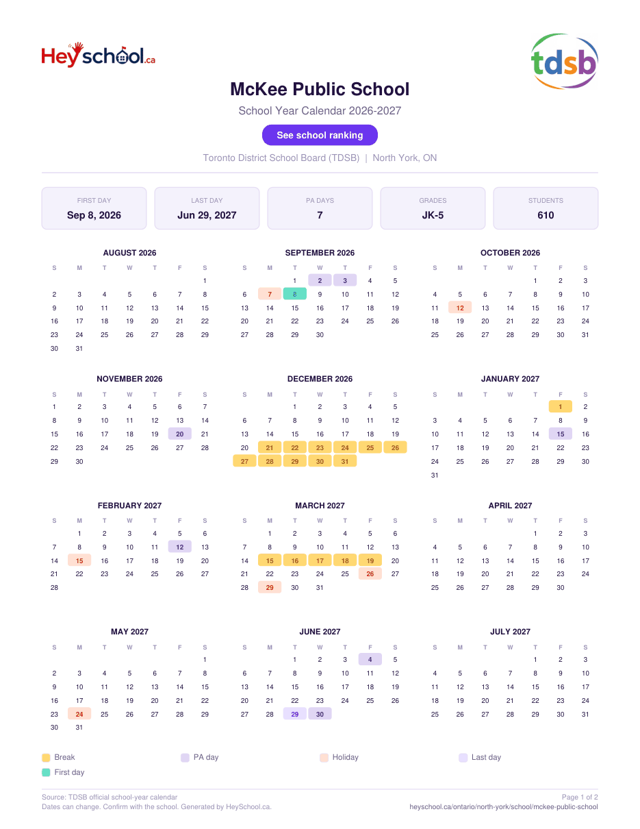 McKee Public School School Year Calendar 2026-2027