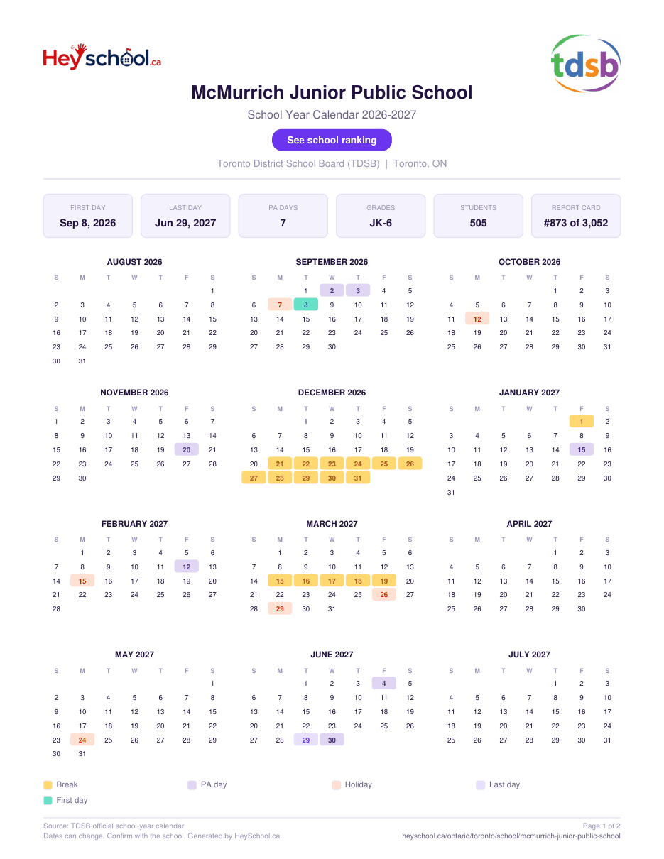 McMurrich Junior Public School School Year Calendar 2026-2027