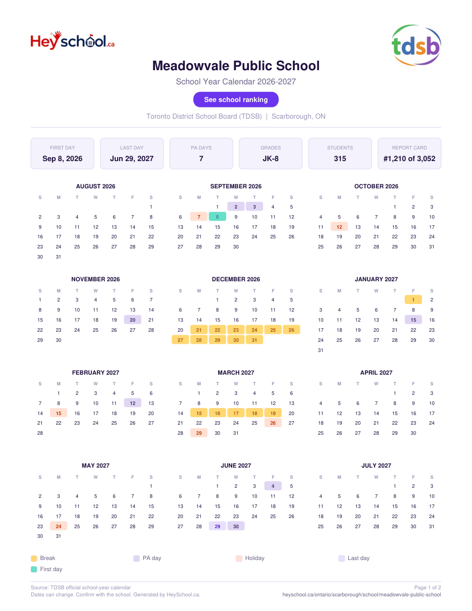 Meadowvale Public School School Year Calendar 2026-2027