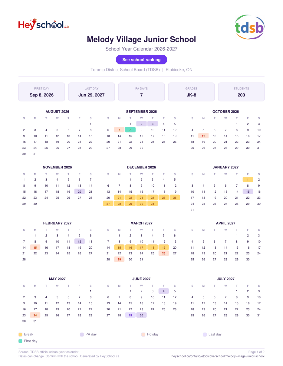 Melody Village Junior School School Year Calendar 2026-2027