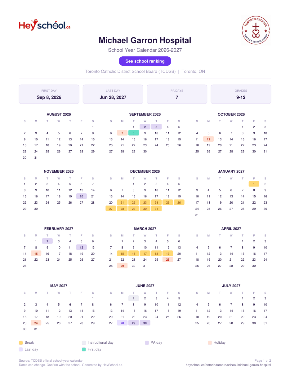 Michael Garron Hospital School Year Calendar 2026-2027