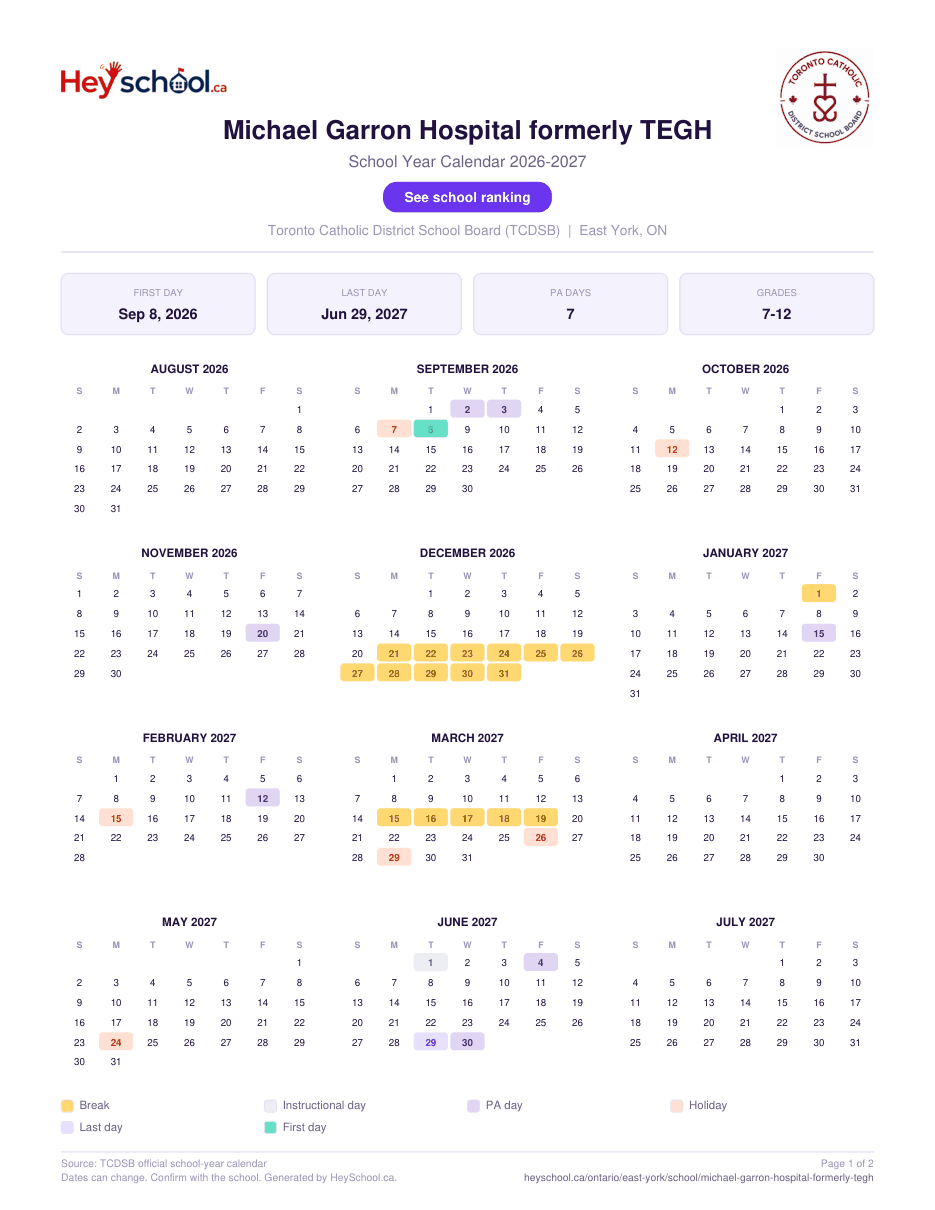 Michael Garron Hospital formerly TEGH School Year Calendar 2026-2027