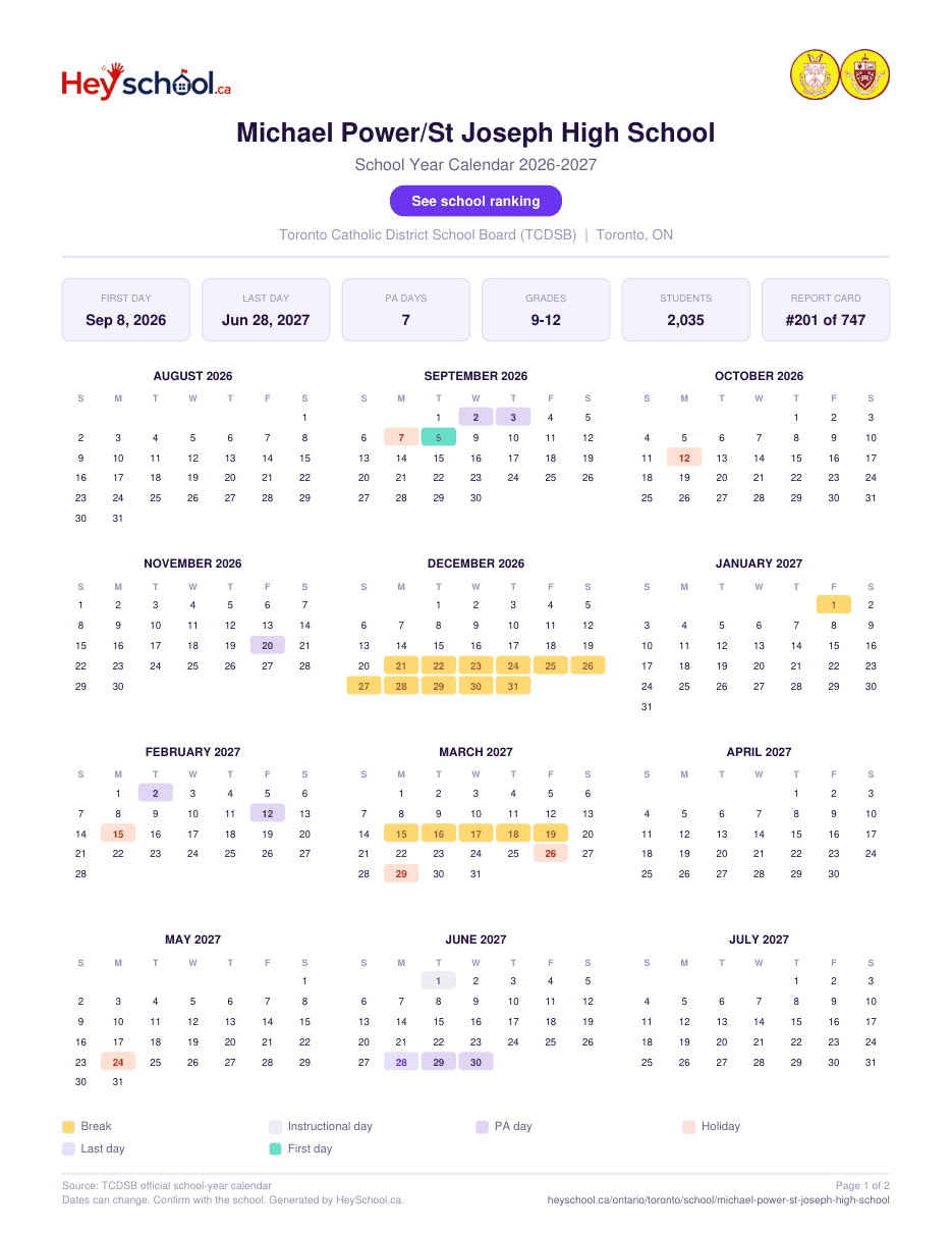 Michael Power/St Joseph High School School Year Calendar 2026-2027