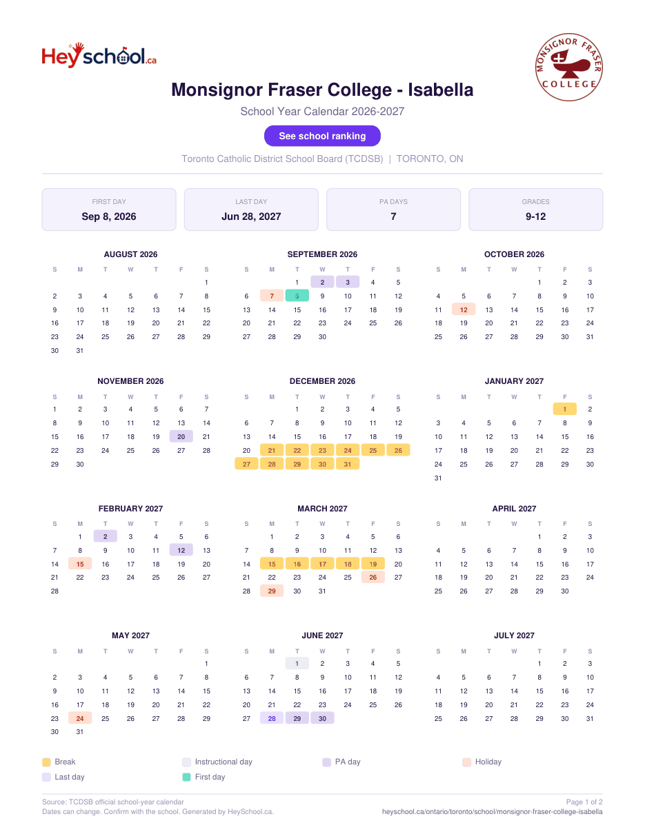 Monsignor Fraser College - Isabella School Year Calendar 2026-2027
