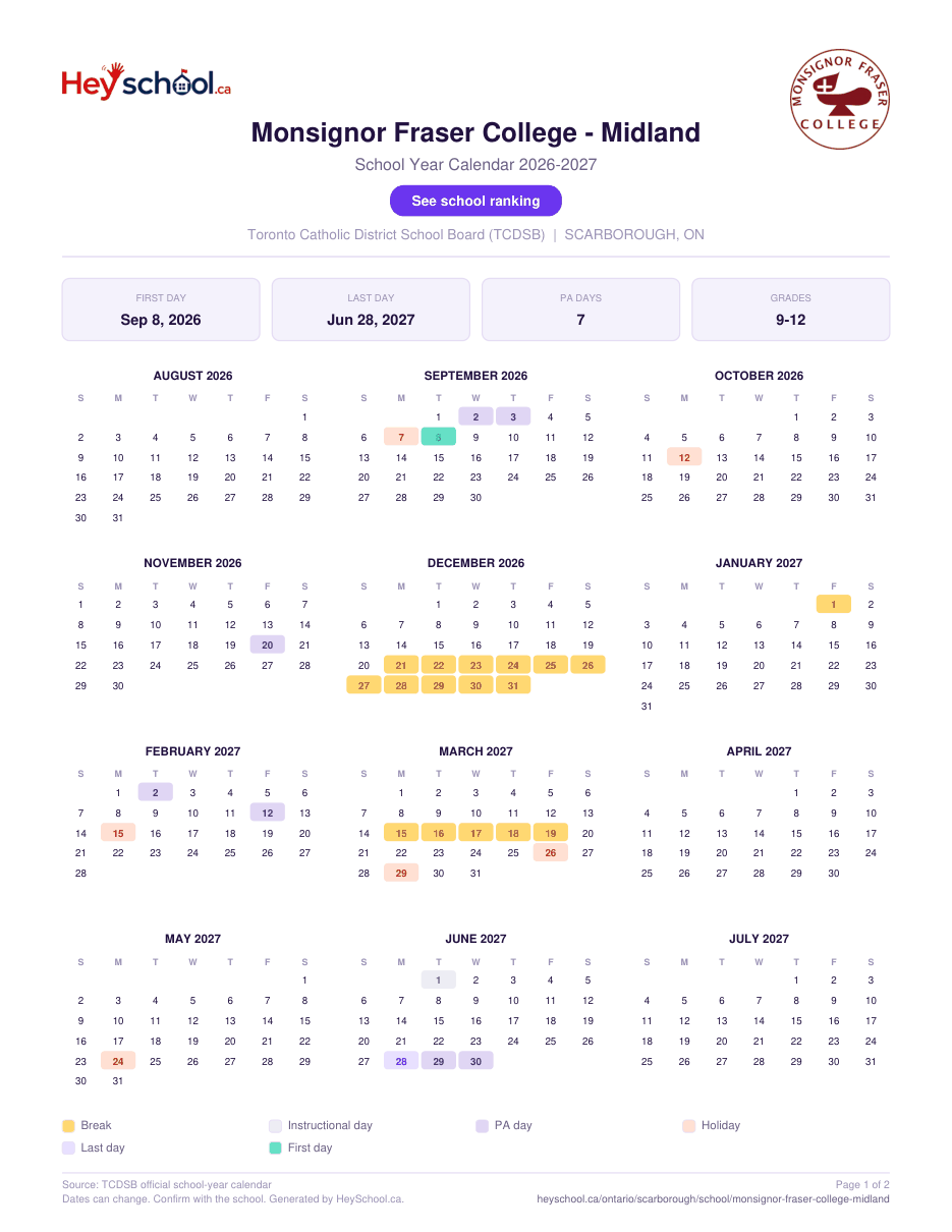 Monsignor Fraser College - Midland School Year Calendar 2026-2027