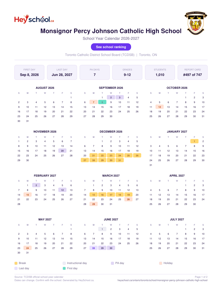 Monsignor Percy Johnson Catholic High School School Year Calendar 2026-2027