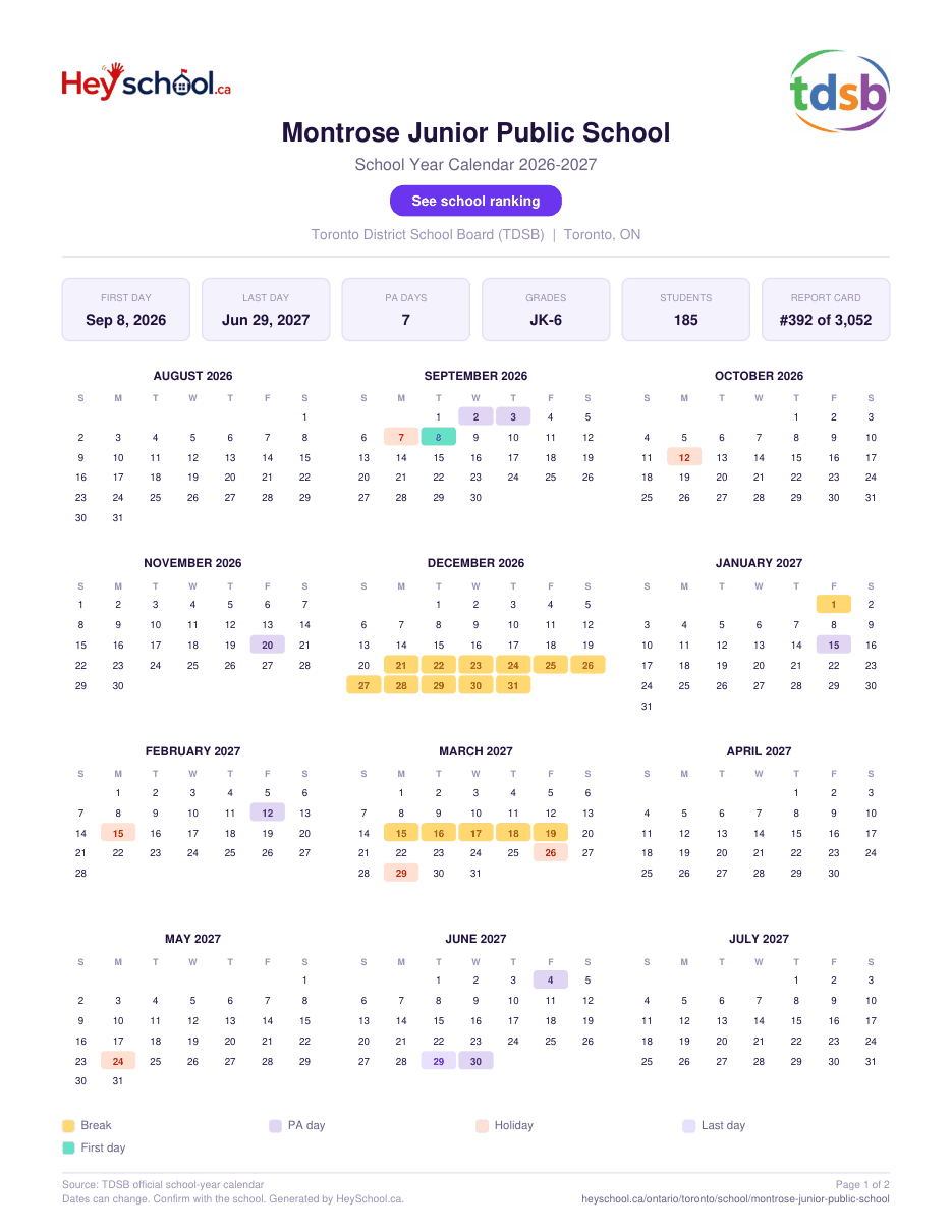 Montrose Junior Public School School Year Calendar 2026-2027