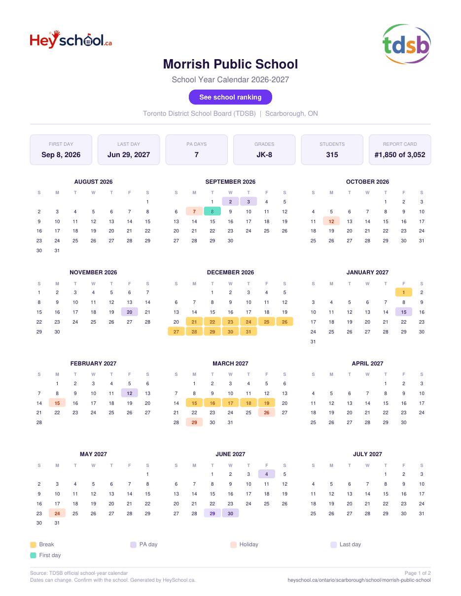 Morrish Public School School Year Calendar 2026-2027