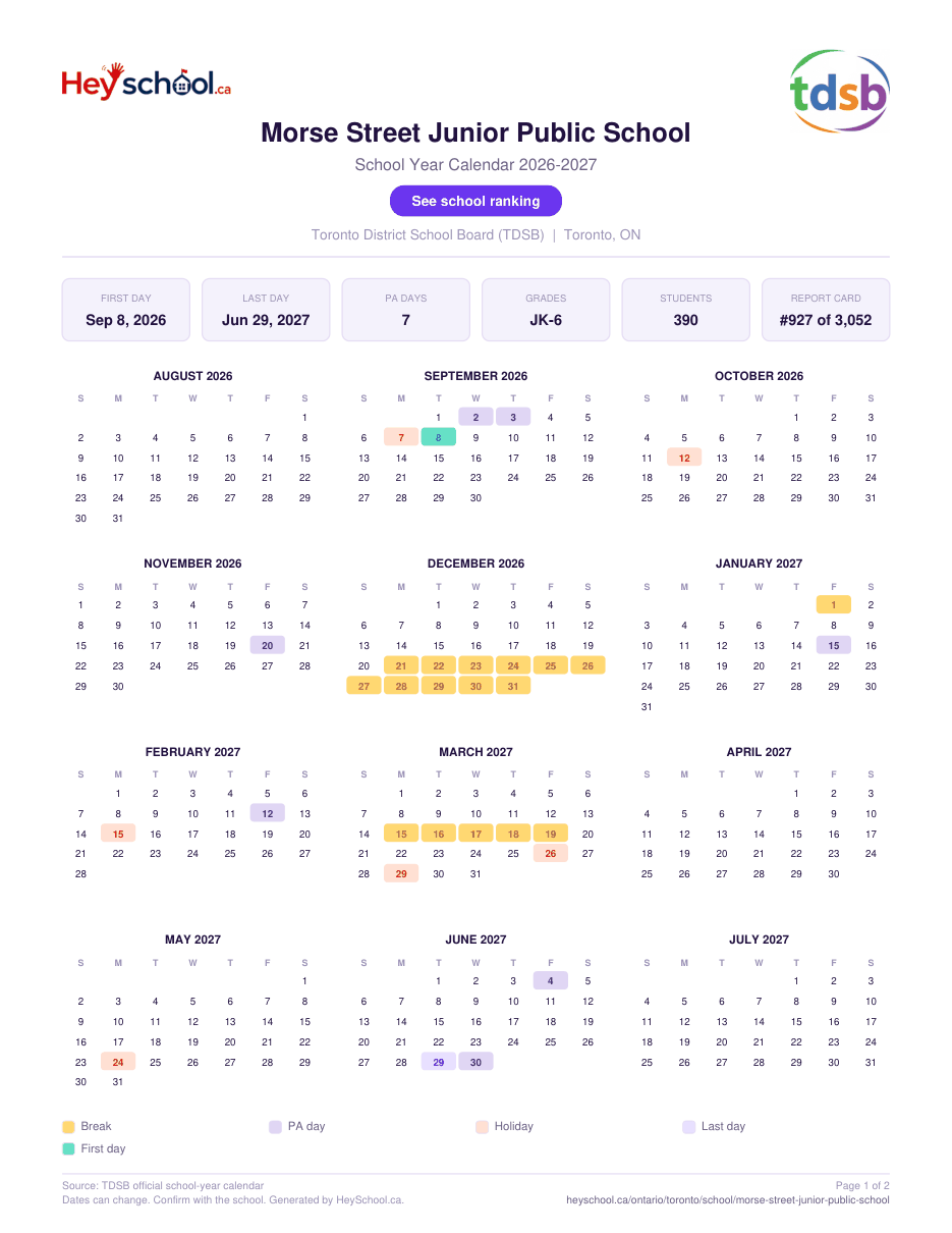 Morse Street Junior Public School School Year Calendar 2026-2027
