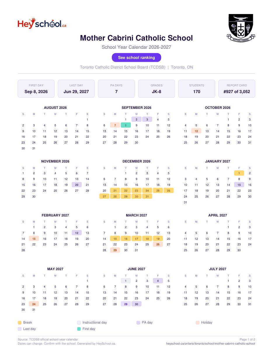 Mother Cabrini Catholic School School Year Calendar 2026-2027