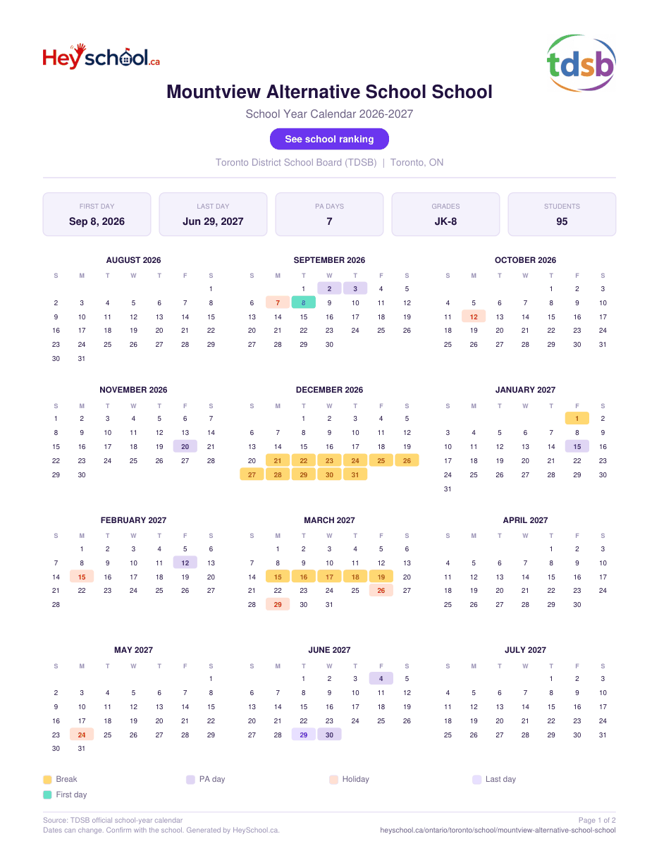 Mountview Alternative School School School Year Calendar 2026-2027