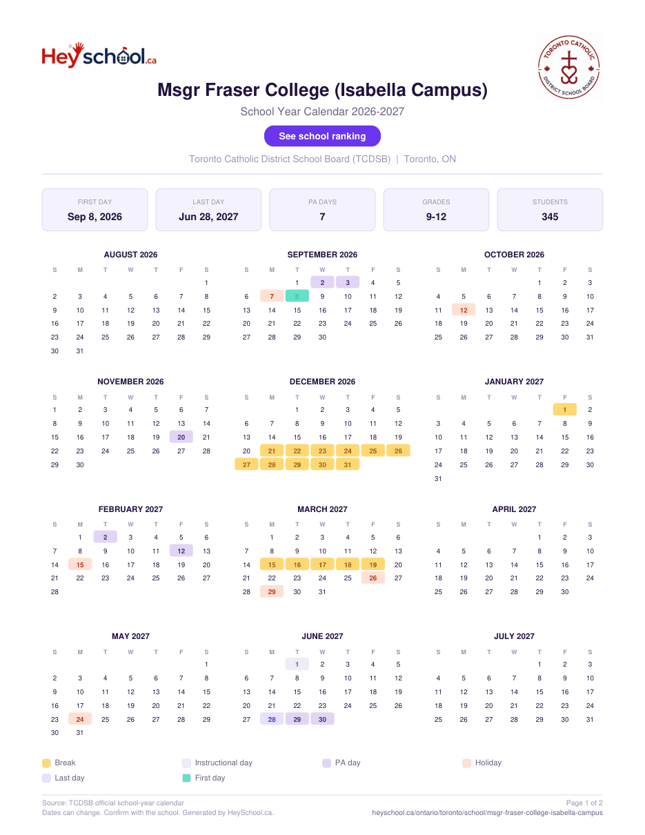 Msgr Fraser College (Isabella Campus) School Year Calendar 2026-2027